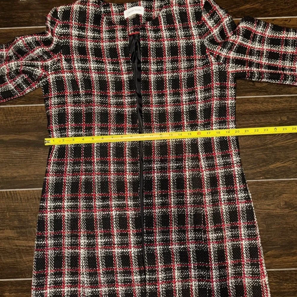 Calvin Klein Plaid Tweed Long Jacket Coat Black Red White Size 12 EUC Lined
